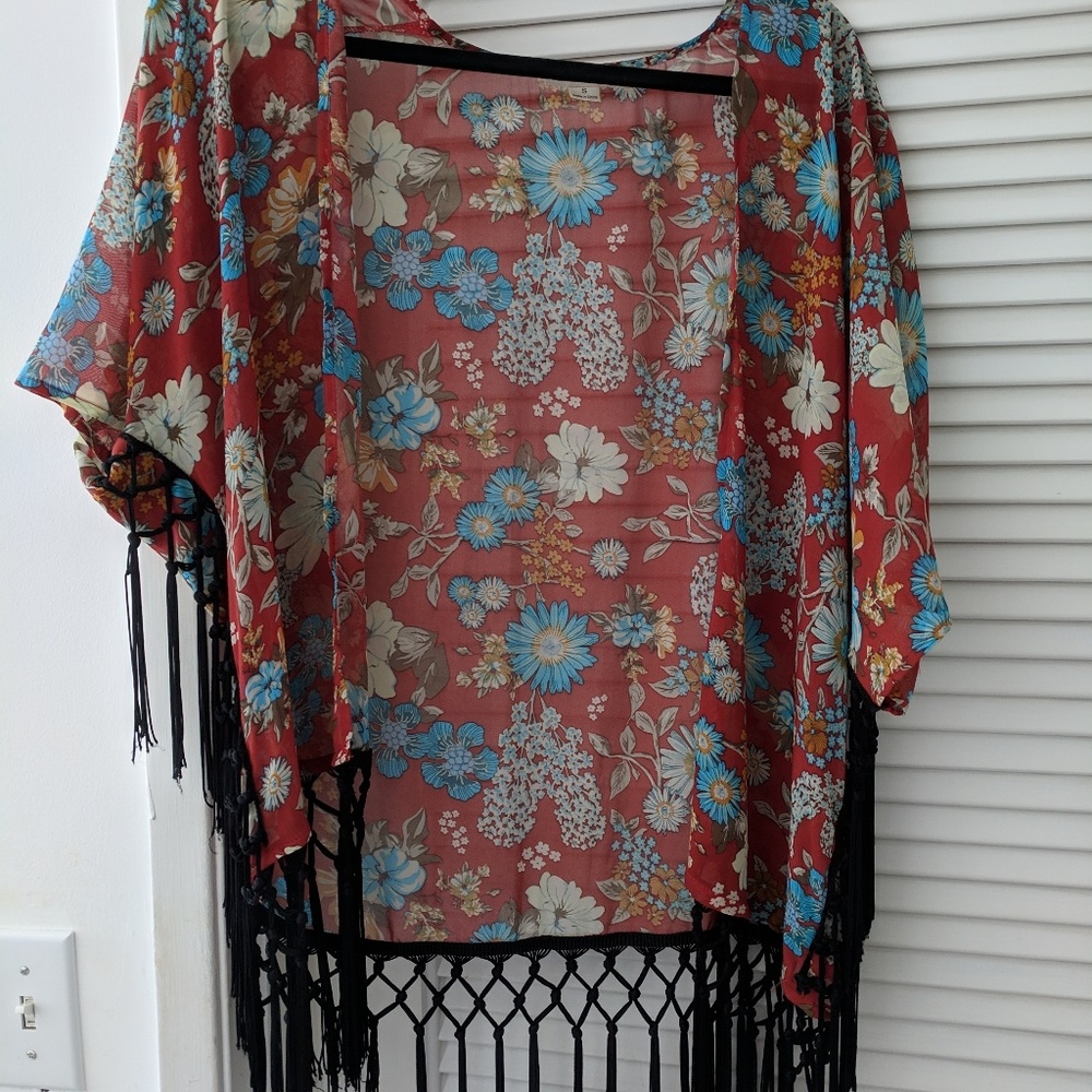 Floral kimono swim cover up with fringe.